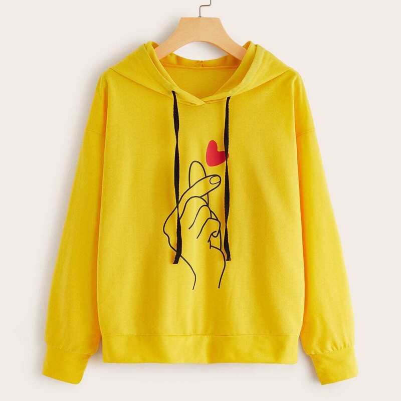

Gesture & Heart Print Drawstring Hoodie, Yellow bright