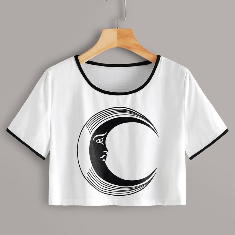 

Moon Print Crop Ringer Tee, White