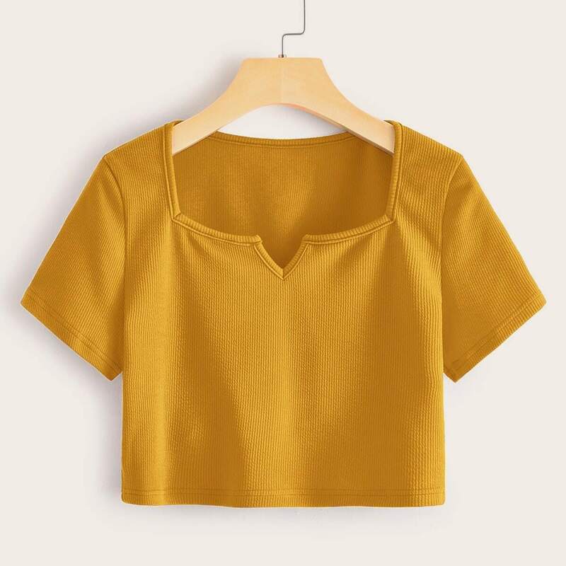 

Notched Neck Rib-knit Crop Top, Yellow