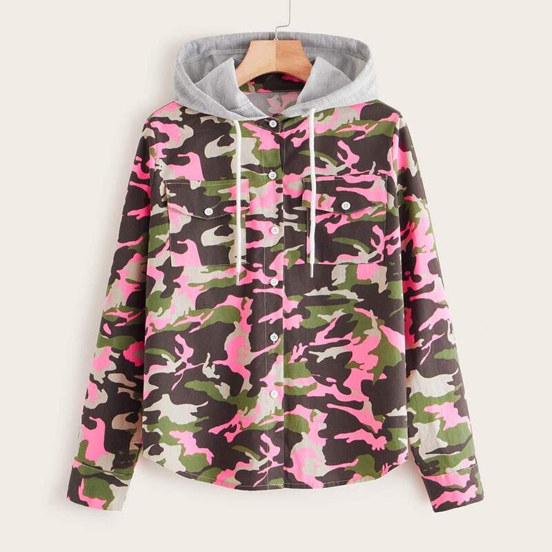 

Camo Print Drawstring Hooded Jacket, Multicolor