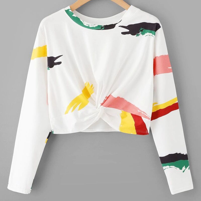 

Twist Front Printed Crop Tee, White