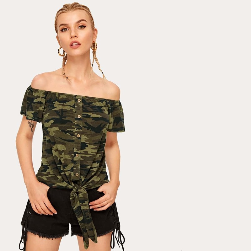 

Off Shoulder Camo Print Button Front Knot Tee, Army green