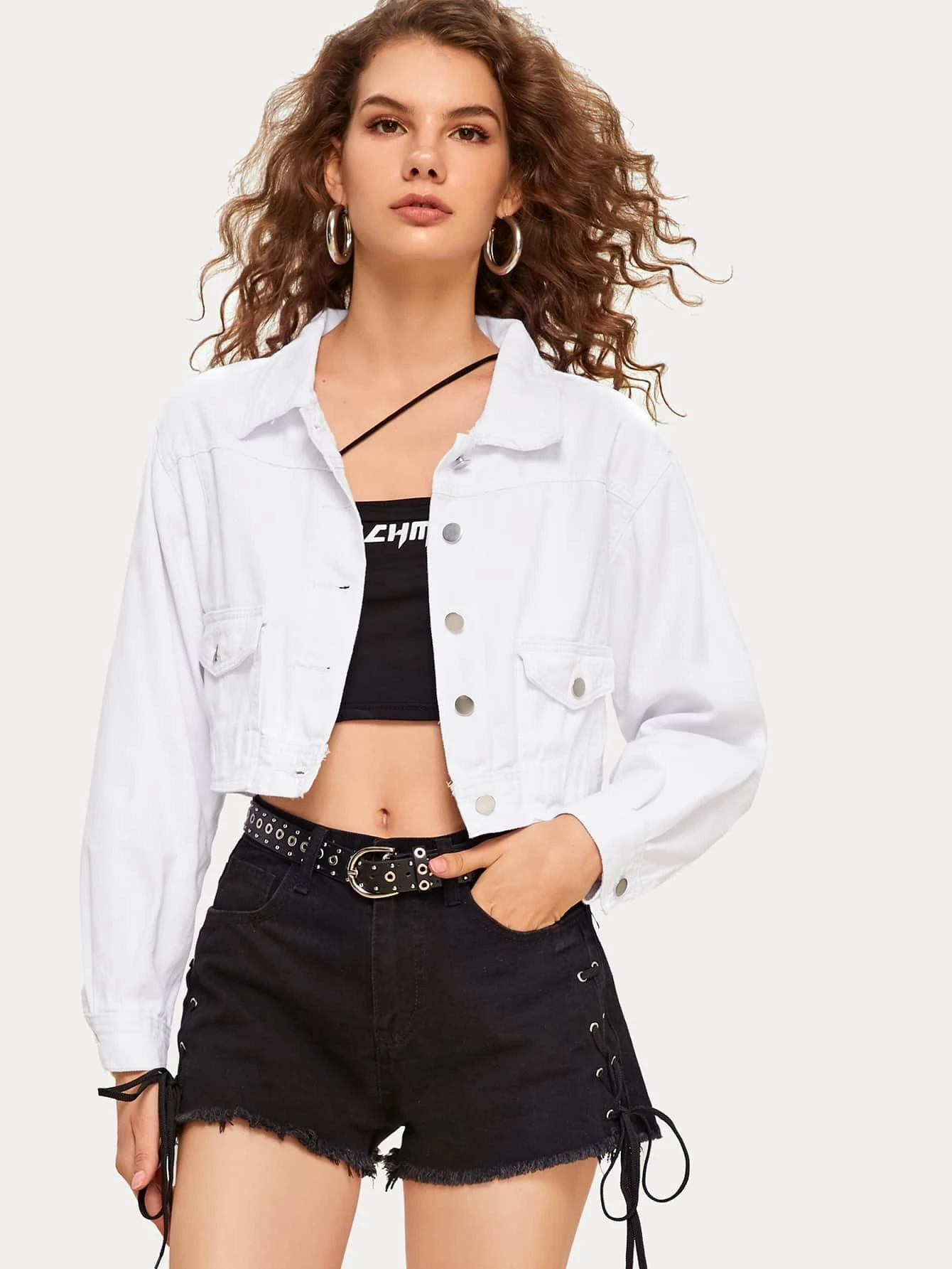 Veste en jean courte avec poches et boutons | ROMWE Veste en jean courte avec poches et boutons | ROMWE
