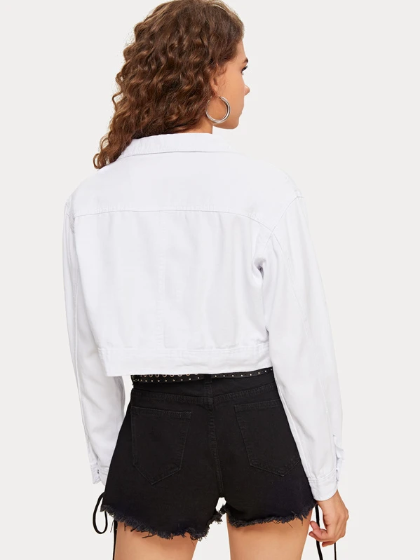 Veste en jean courte avec poches et boutons | ROMWE Veste en jean courte avec poches et boutons | ROMWE