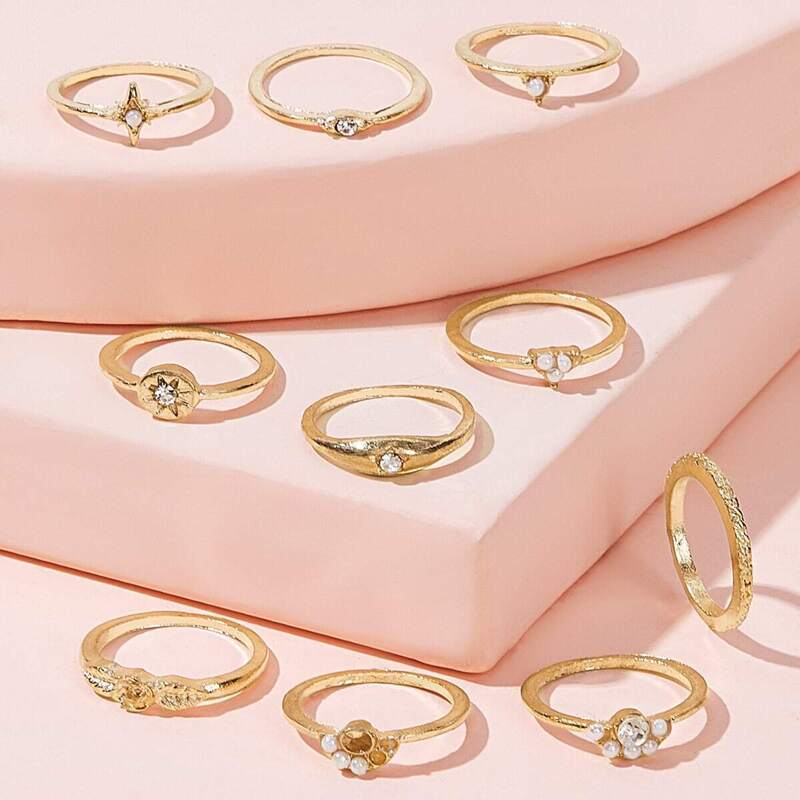 

Rhinestone Decor Ring 10pcs, Gold