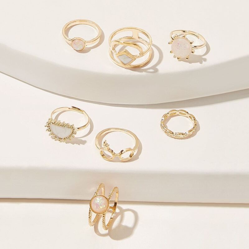 

Rhinestone Engraved Ring 7pcs, Gold
