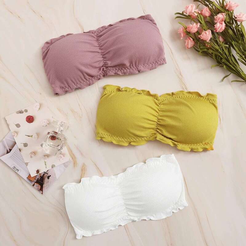 

Frill Trim Rib Bandeau Bra Set 3pack, Multicolor