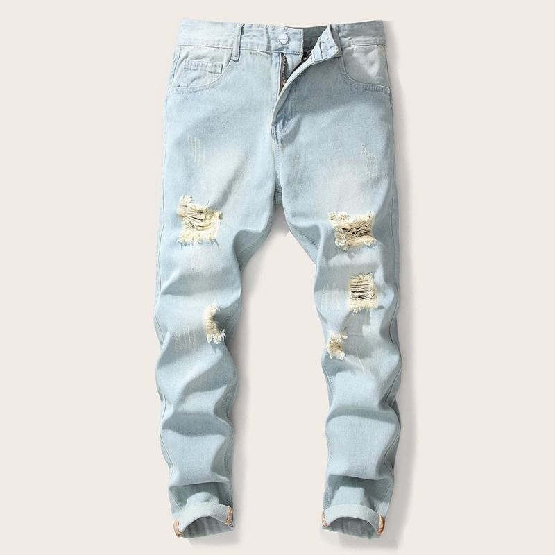 

Guys Embroidery Back Ripped Washing Jeans, Blue