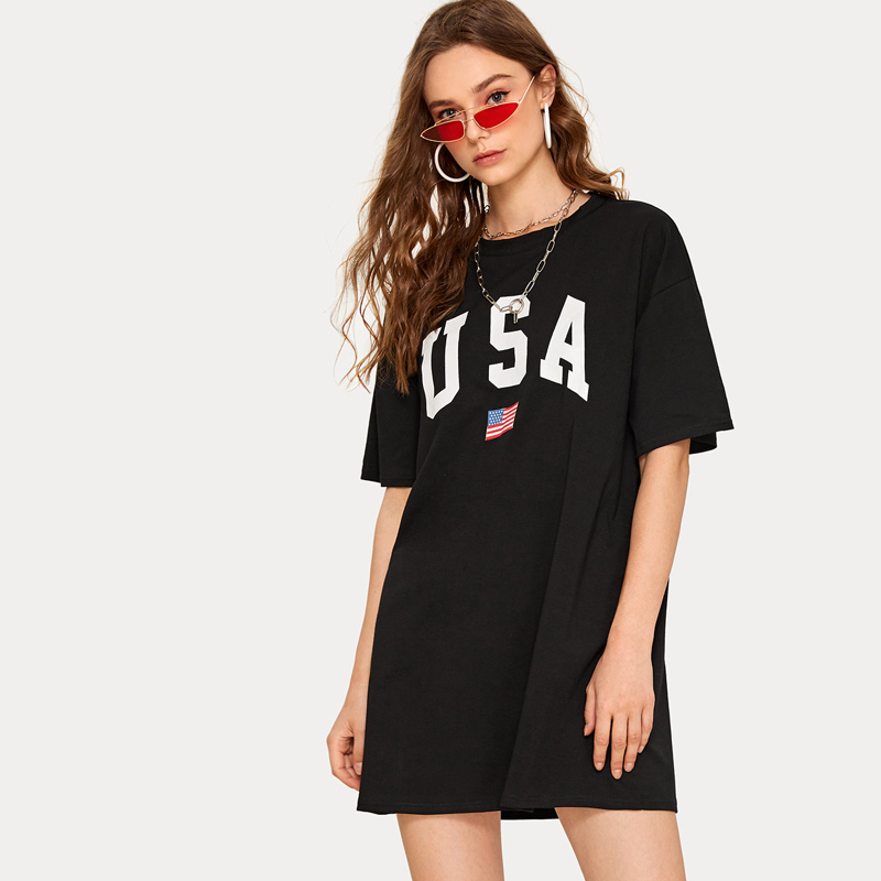

Drop Shoulder Letter And Flag Print Tee Dress, Black