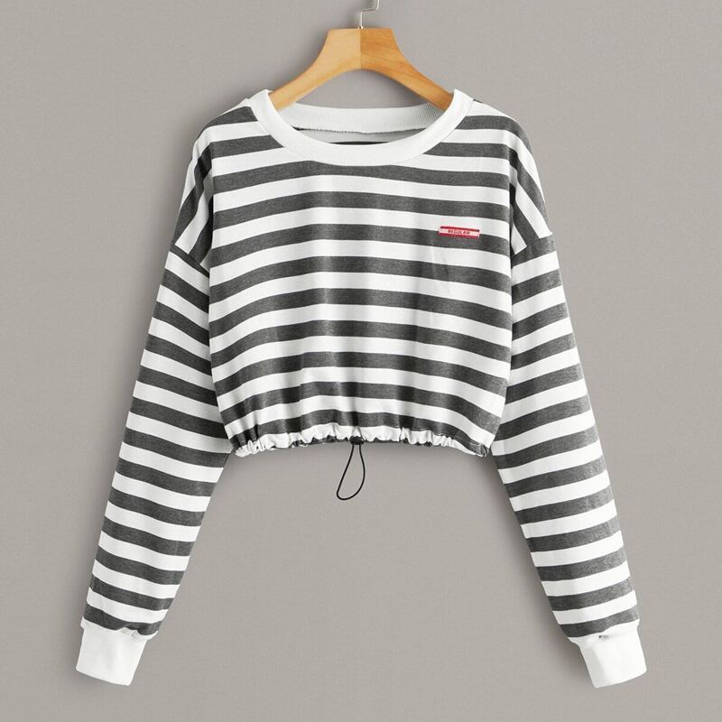 

Drop Shoulder Striped Drawstring Hem Sweatshirt, Grey