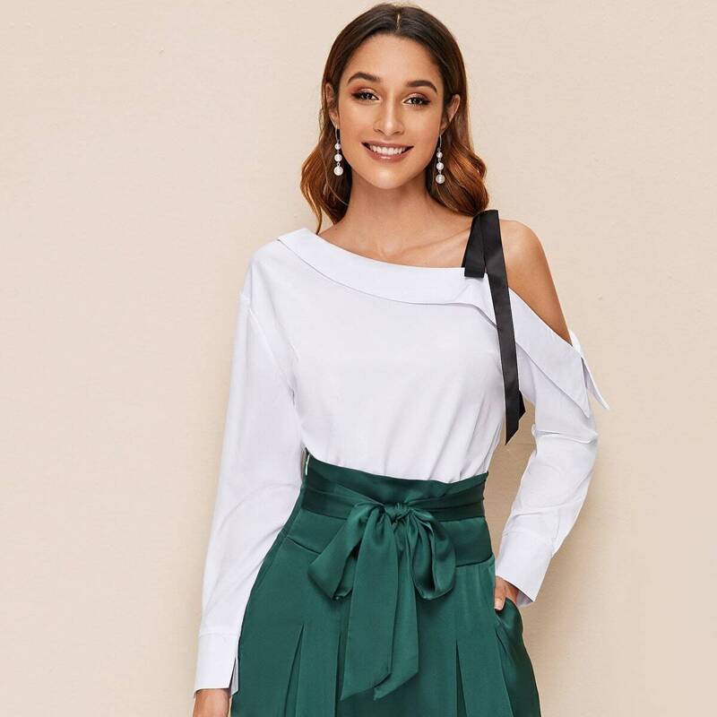 

Asymmetrical Neck Open Shoulder Blouse, White