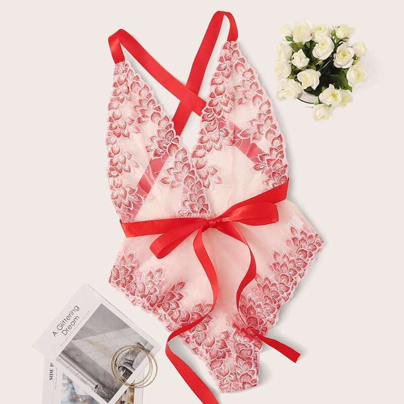 

Floral Embroidered Crisscross Sheer Teddy Bodysuit, Pink