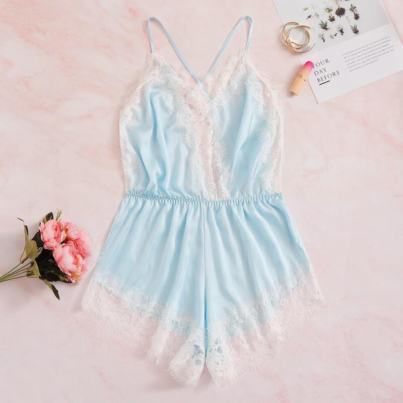 

Floral Lace Crisscross Romper Bodysuit, Blue