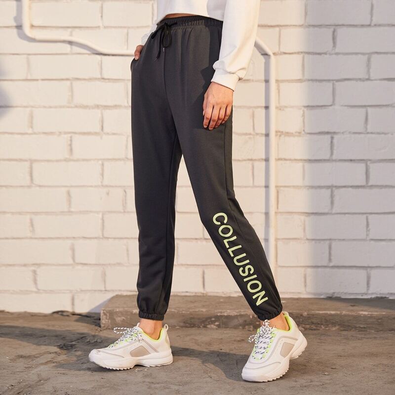 

Drawstring Waist Letter Print Sweatpants, Grey