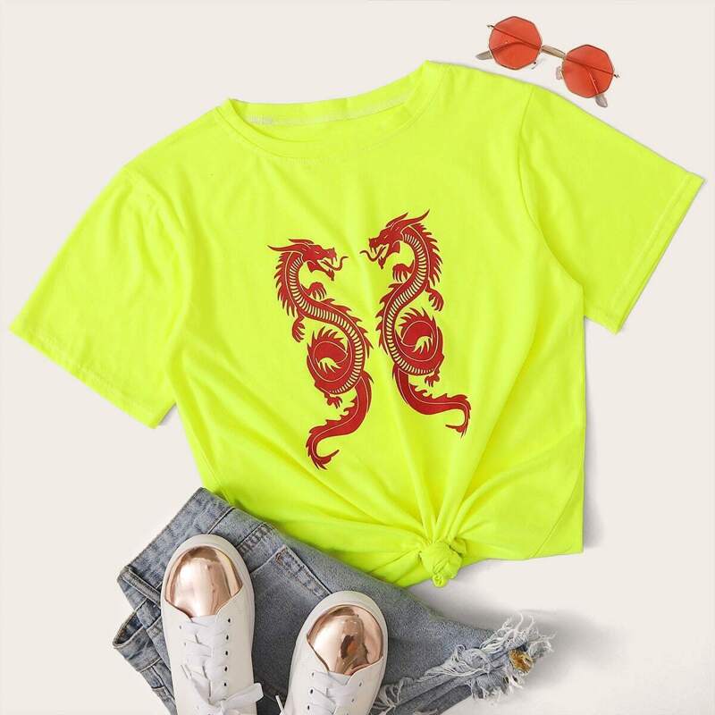 

Neon Lime Dragon Print Tee, Green bright