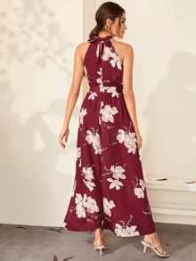 SHEIN Floral Print Wrap Hem Belted Halter Dress - Burgundy - View 2