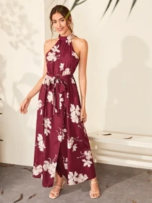 SHEIN Floral Print Wrap Hem Belted Halter Dress - Burgundy - View 3