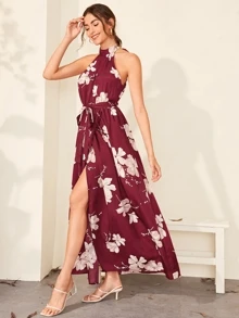 SHEIN Floral Print Wrap Hem Belted Halter Dress - Burgundy - View 4