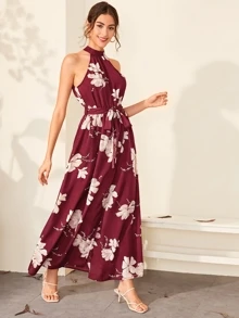 SHEIN Floral Print Wrap Hem Belted Halter Dress - Burgundy - View 5