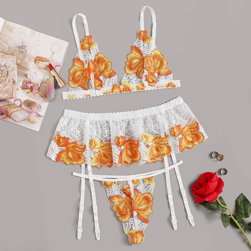 

Flower Embroidered Garter Lingerie Set, Multicolor