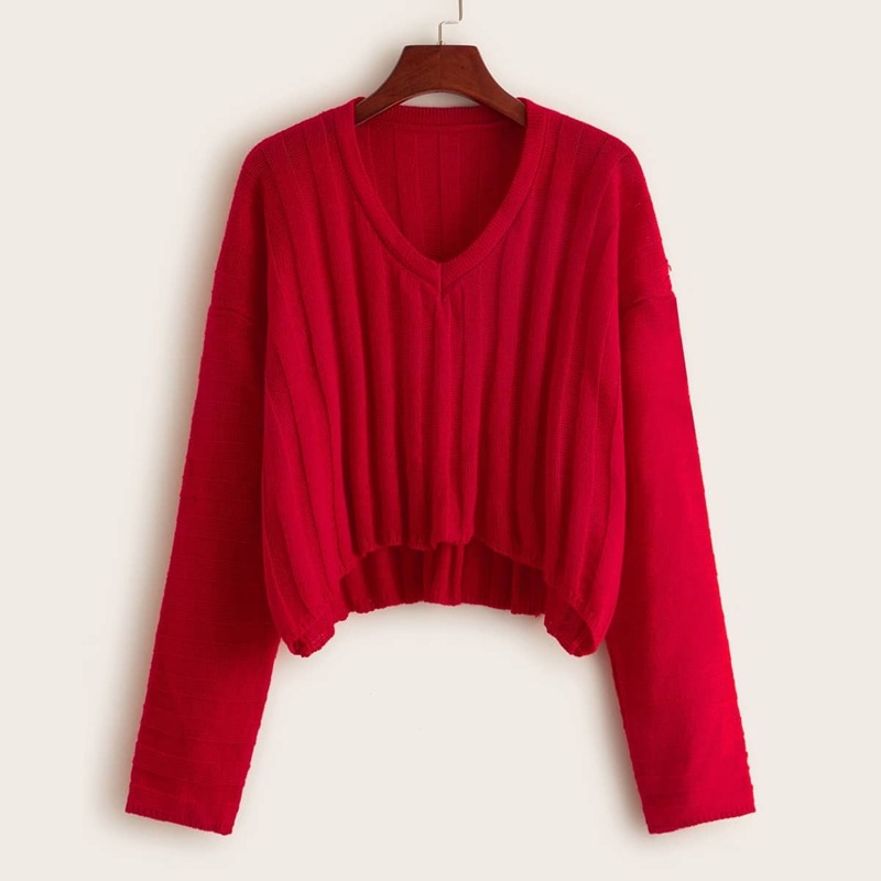 

Drop Shoulder High Low Sweater, Red bright