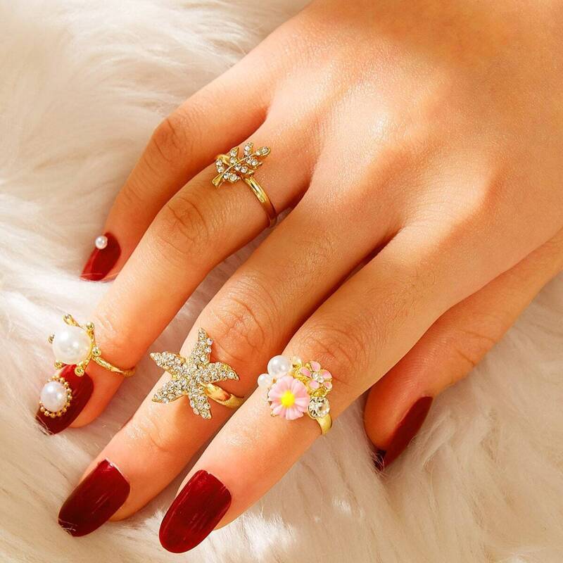 

Rhinestone Engraved Starfish & Leaf Ring 4pcs, Gold