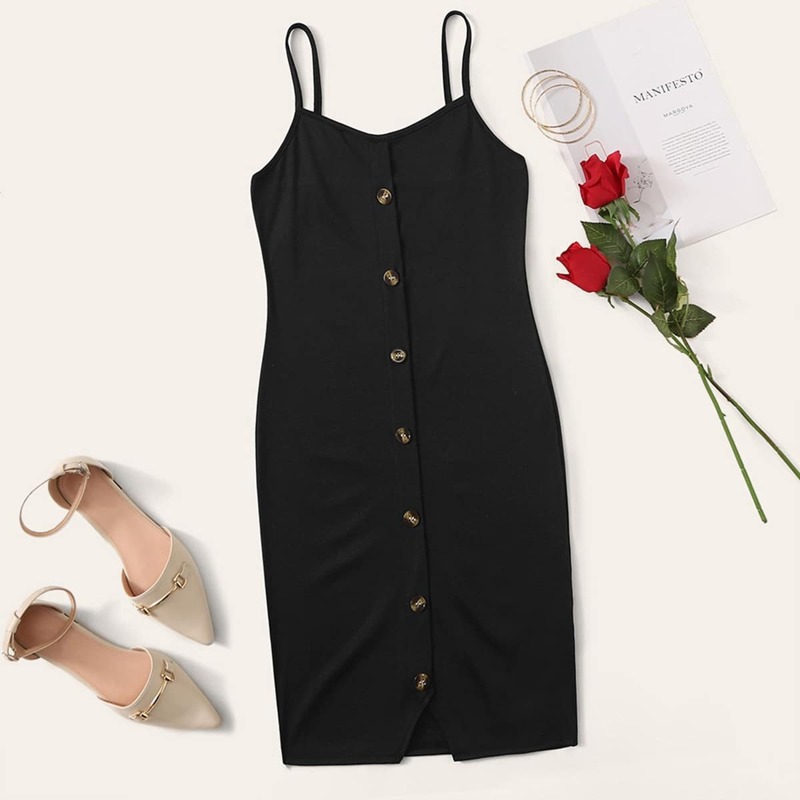 

Solid Button Through Slip Dress, Black