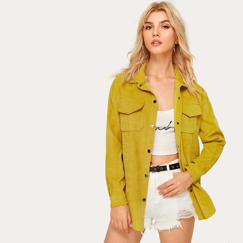 

Solid Single-breasted Corduroy Coat, Yellow