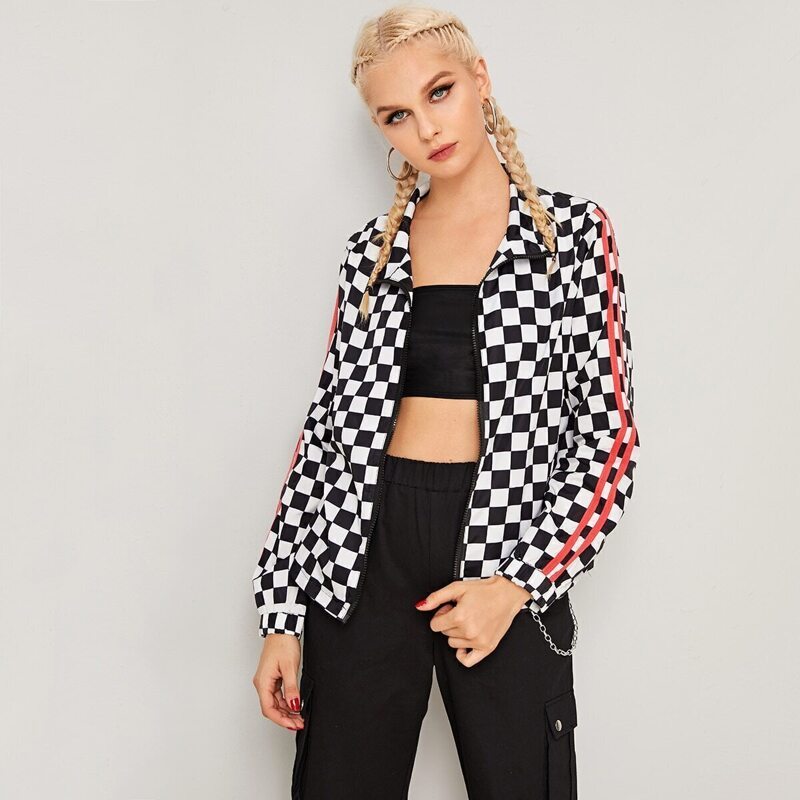 

Checkered Side Stripe Zip-up Jacket, Black and white