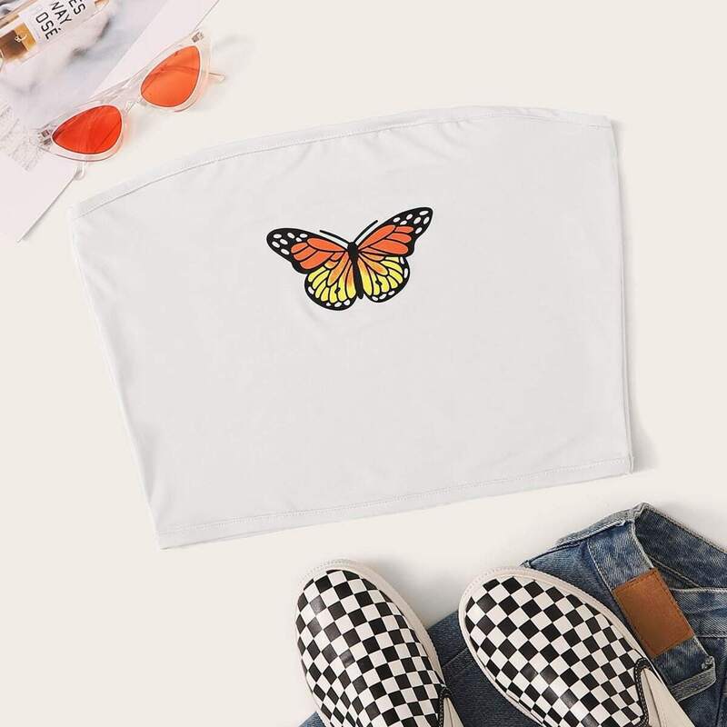 

Butterfly Print Tube Top, White