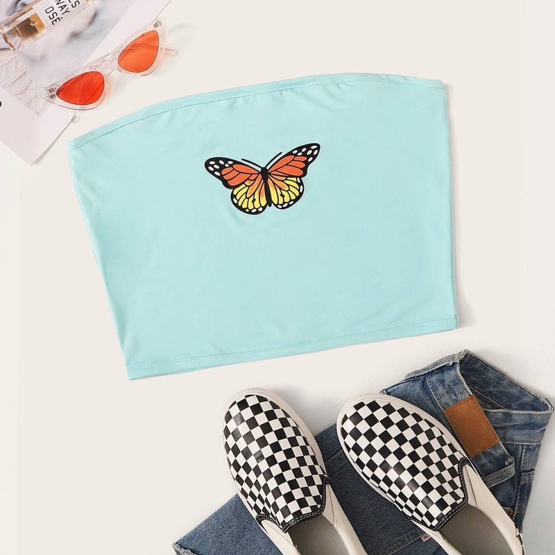 

Butterfly Print Tube Top, Blue