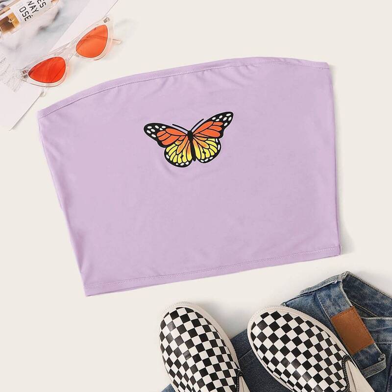 

Butterfly Print Tube Top, Purple pastel