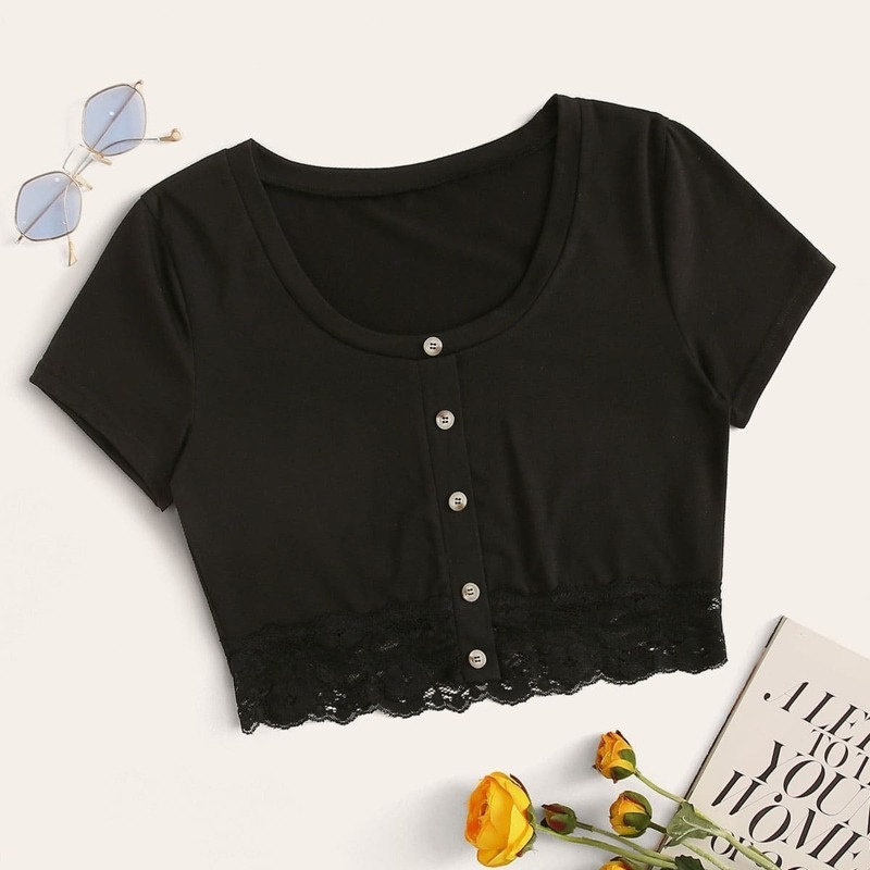 

Contrast Lace Button Front Crop Top, Black