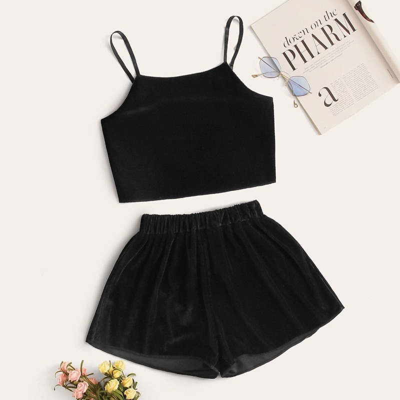 

Solid Velvet Cami Top & Elastic Waist Shorts, Black