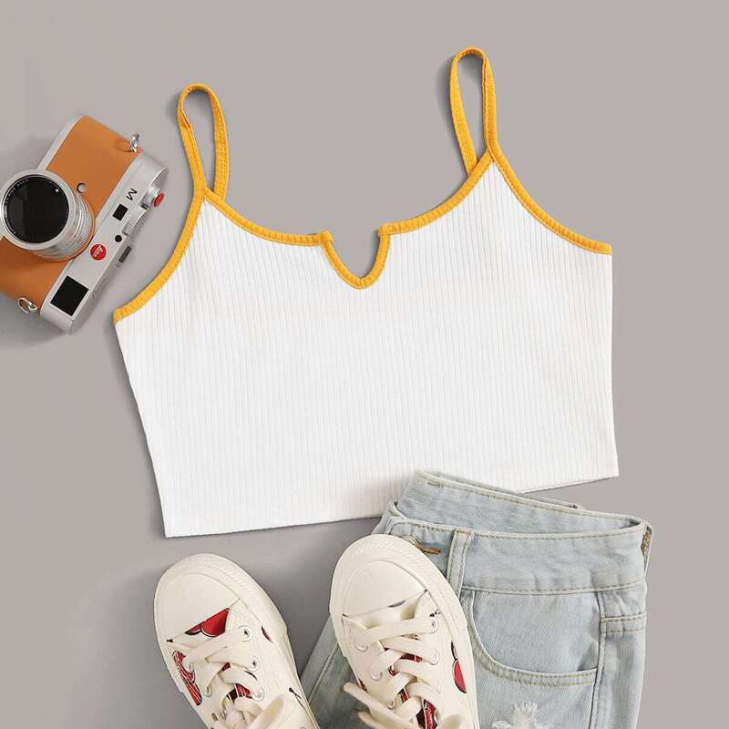 

Contrast Binding Ribbed Cami Top, Beige