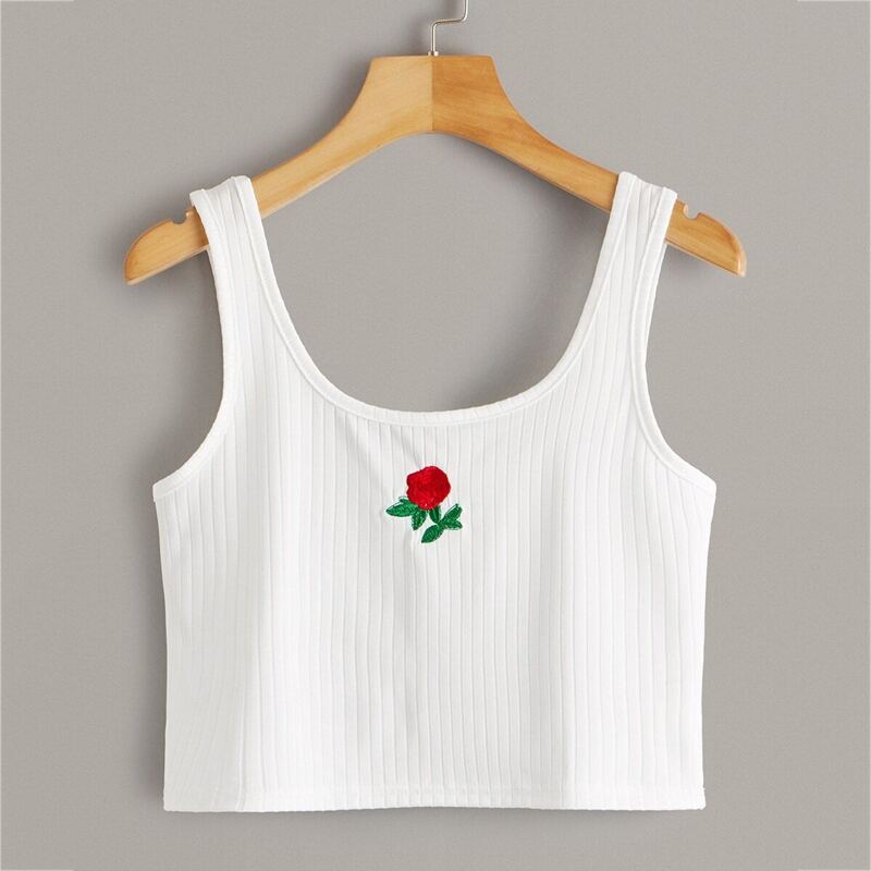 

Rose Embroidery Ribbed Tank Top, White