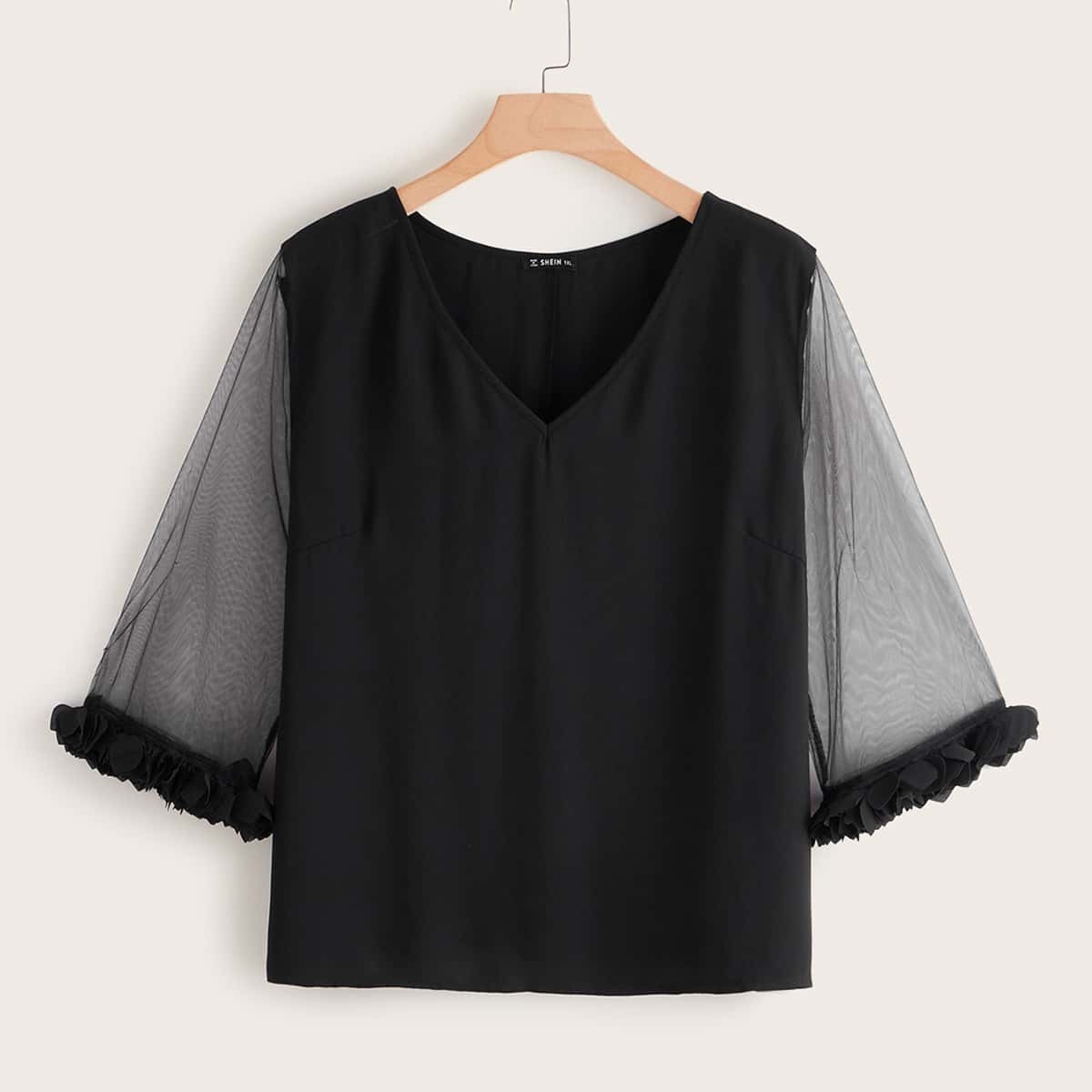

Plus V-neck Mesh Sleeve 3D Ruffle Cuff Top, Black