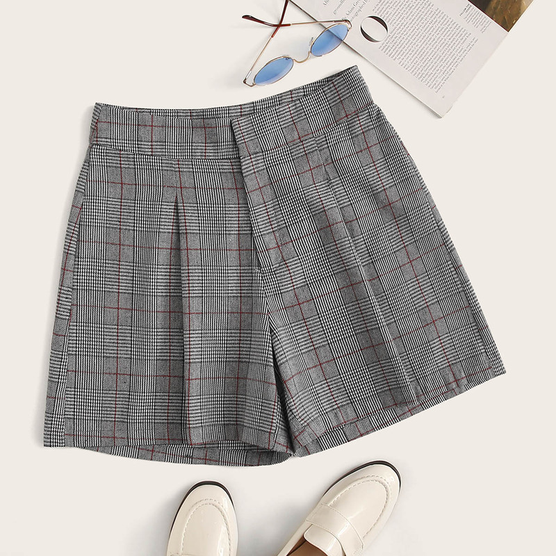 

Plaid Print Wide Leg Shorts, Grey