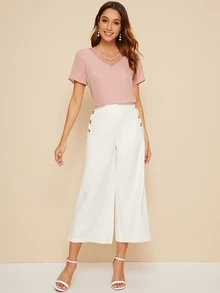 SHEIN LUNE Mesh Insert Short Sleeve Top - Baby Pink - View 3
