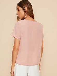 SHEIN LUNE Mesh Insert Short Sleeve Top - Baby Pink - View 2
