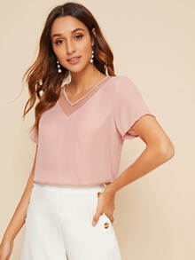 SHEIN LUNE Mesh Insert Short Sleeve Top - Baby Pink - View 5