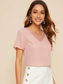 SHEIN LUNE Mesh Insert Short Sleeve Top - Baby Pink - View 4