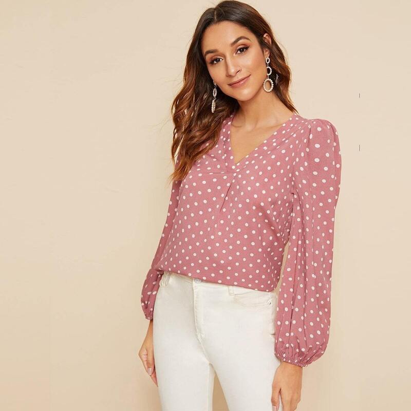 

V-neck Polka Dot Lantern Sleeve Top, Dusty pink
