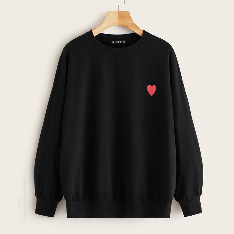 

Heart Print Drop Shoulder Pullover, Black