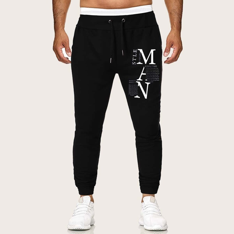 

Guys Slogan Print Drawstring Sweatpants, Black