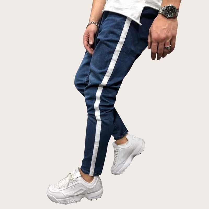 

Guys Contrast Side Tape Drawstring Waist Jeans, Navy
