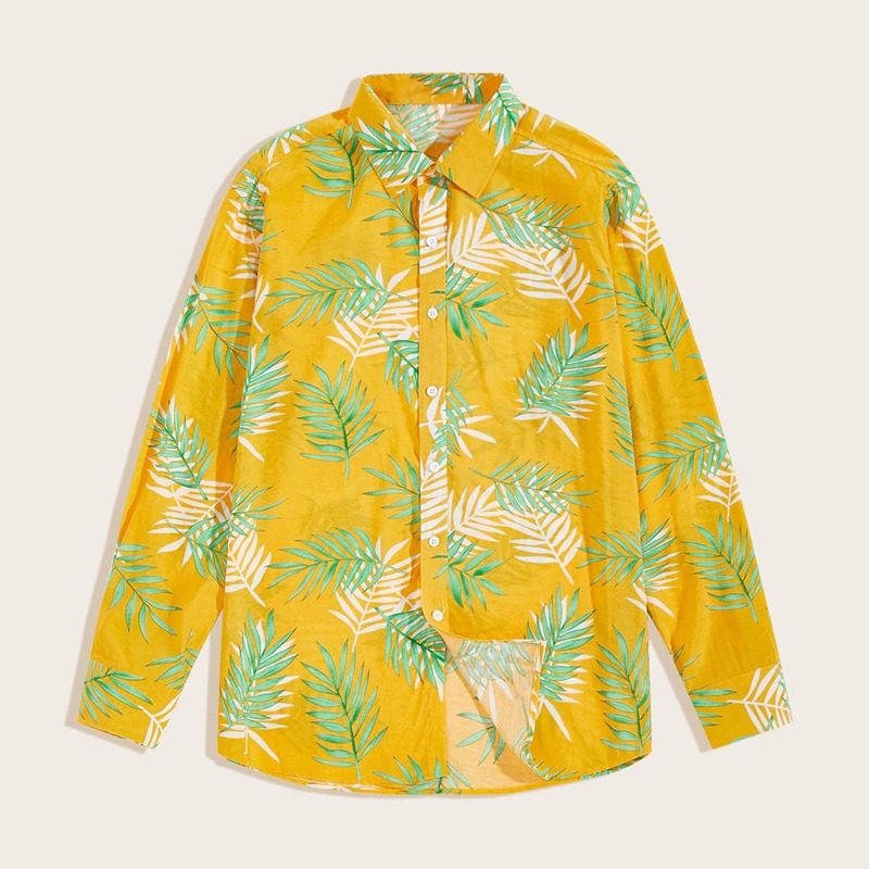 

Guys Leaf Print Curved Hem Shirt, Yellow