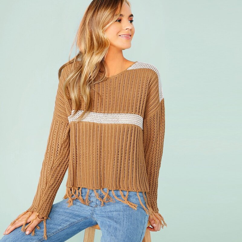 

Two Tone Fringe Trim Eyelet Sweater, Camel