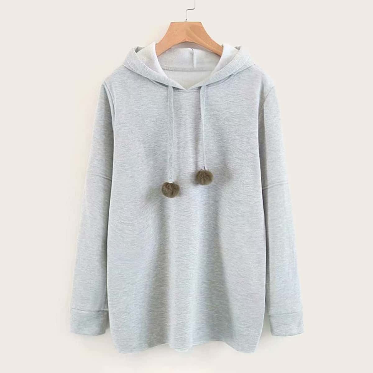 

Pom Pom Drawstring Hooded Sweatshirt, Grey