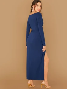 SHEIN 高開衩圍裹式繫腰帶連衣裙 - 藏蓝色 - 查看 2